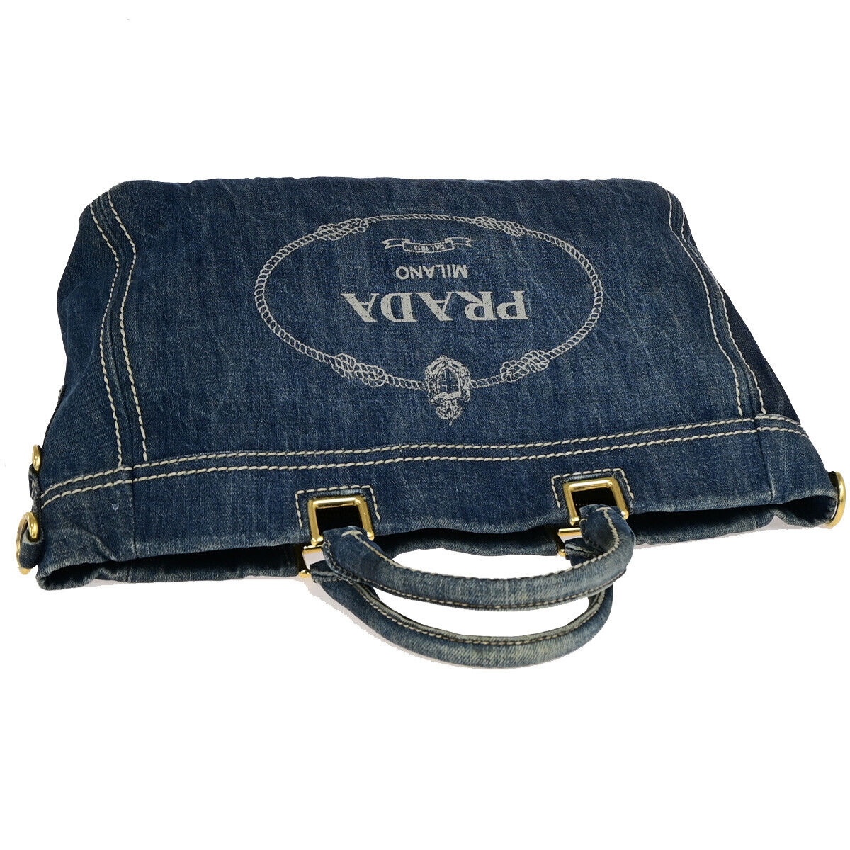 PRADA Logor Hand Tote Bag Denim Leather Blue Acio GHW Italy 80YG643