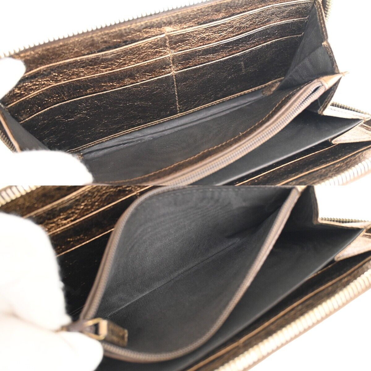 YVES SAINT LAURENT Logo Long Zipper Wallet Purse Leather Metallic Gold 07HB850
