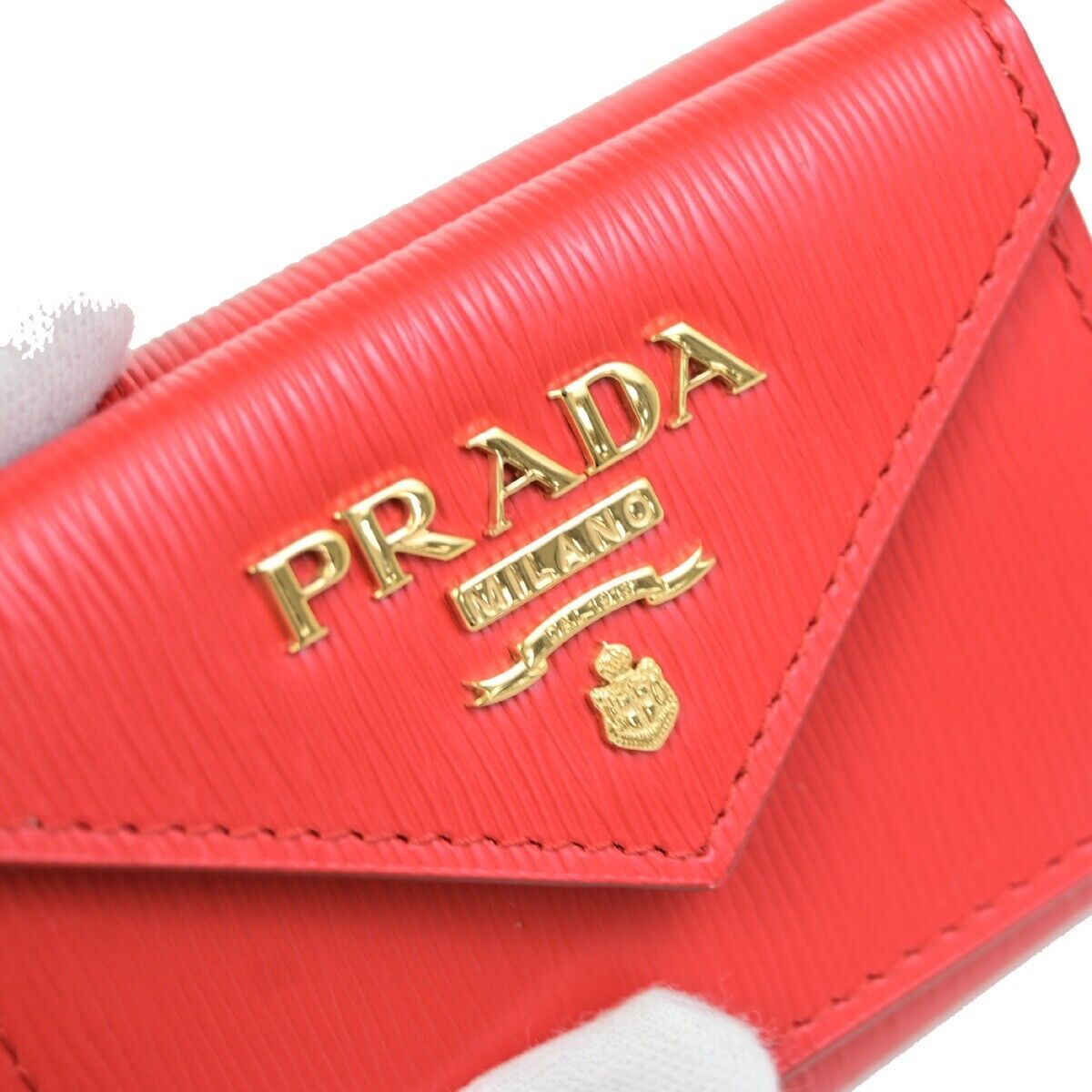 PRADA MILANO Logo Trifold Compact Wallet Vitello Move Leather Red Gold 86RF207
