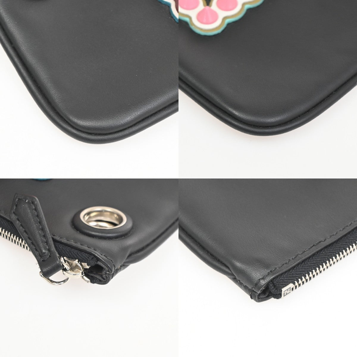 FENDI 3 Set Clutch Pouch Bag Leather Orange Pink Black SHW 34TA570
