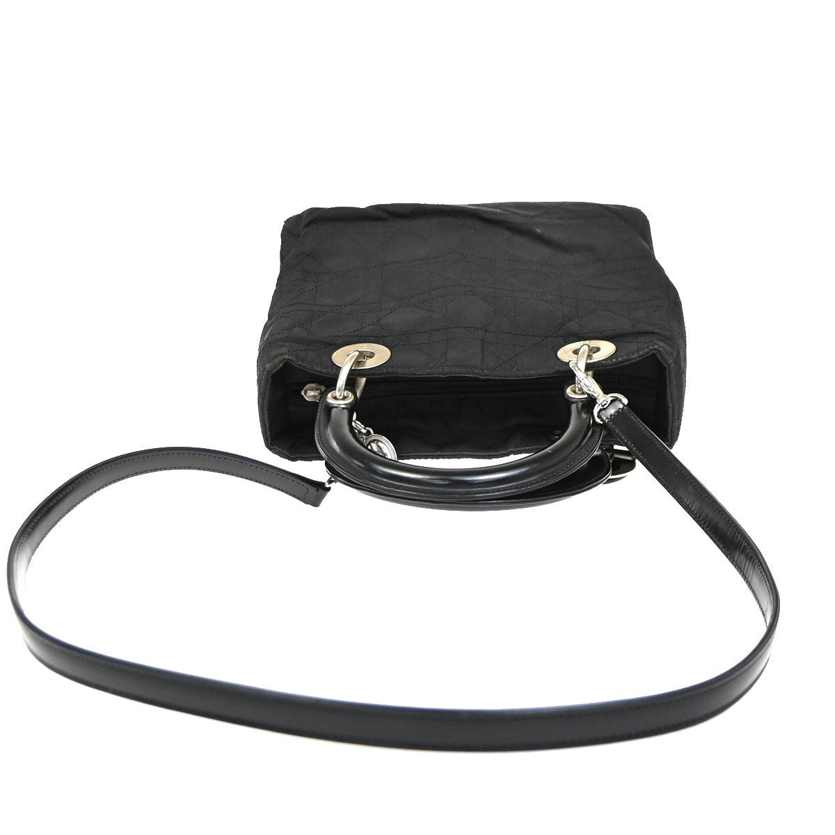 CHRISTIAN DIOR Logo Lady Cannage 2Way Hand Bag Nylon Leather Black SHW 98ZA262