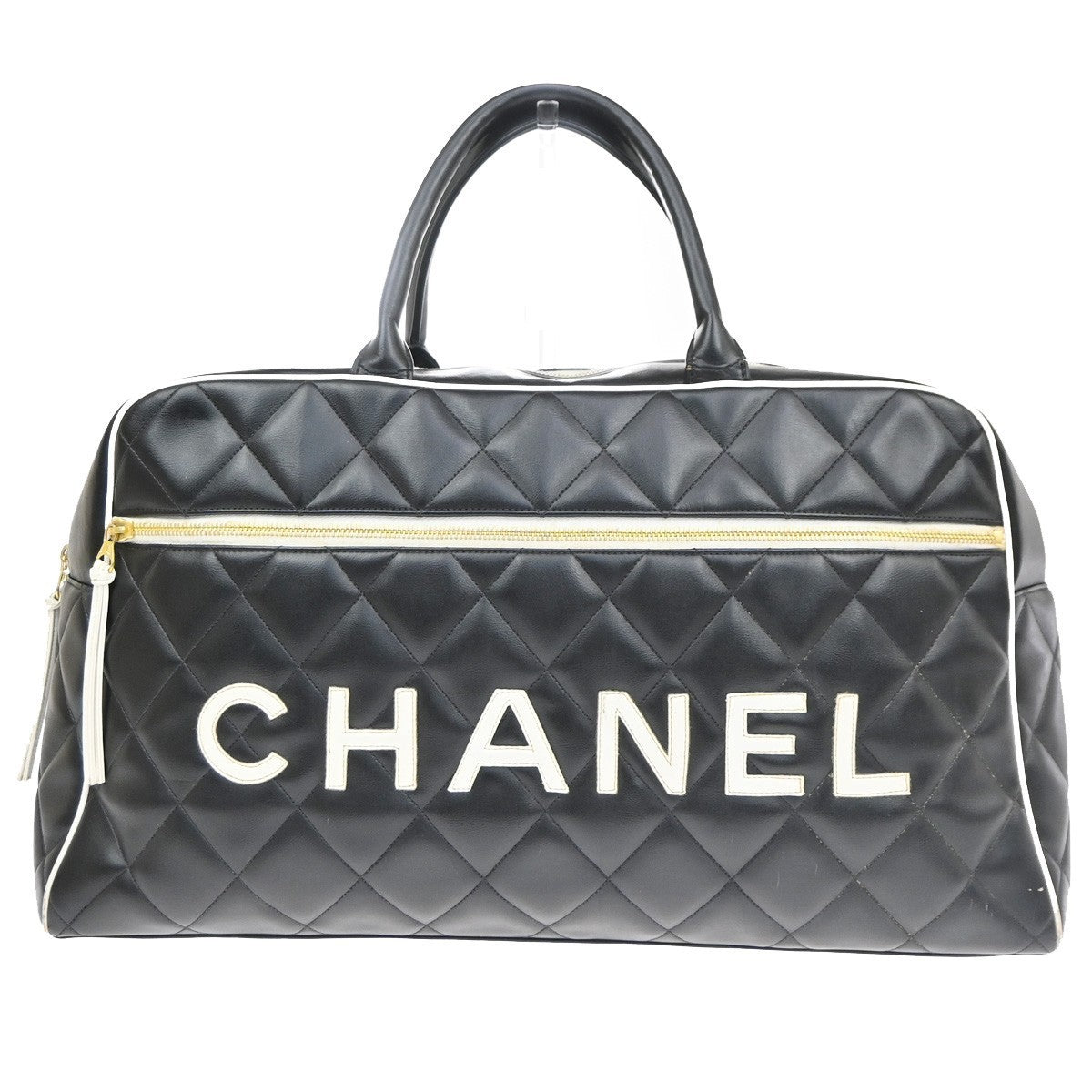 CHANEL Matelasse Travel Boston Hand Bag Leather Black France Vintage 332RP182