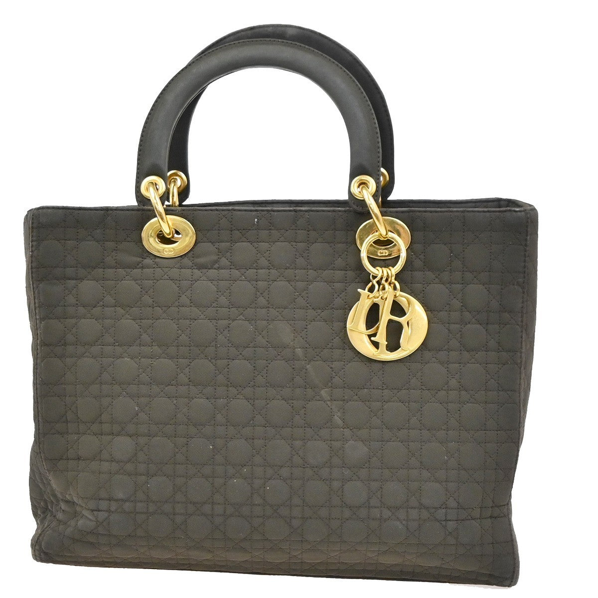 CHRISTIAN DIOR Logo Lady Cannage Hand Bag Nylon Leather Brown GHW Italy 70KC638