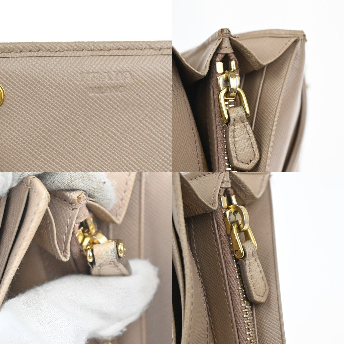 PRADA Logo Bifold Flap Long Wallet Saffiano Leather Beige GHW Italy 01KD036