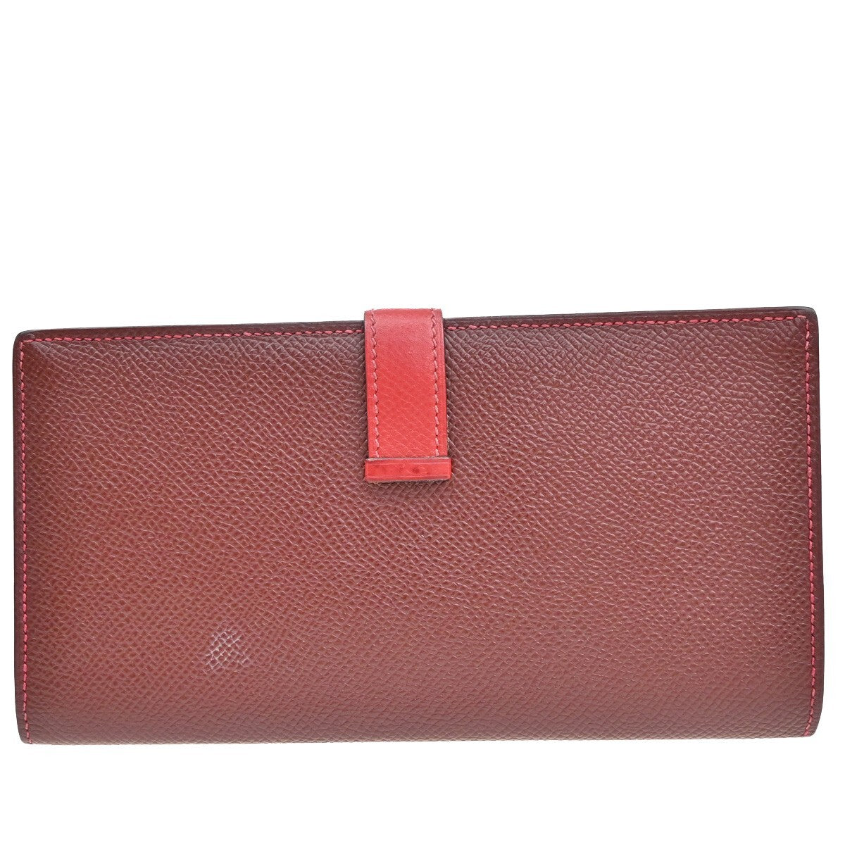 HERMES Logo Bearn Bicolor Long Bifold Wallet Leather Red Burgundy SHW 96RF294