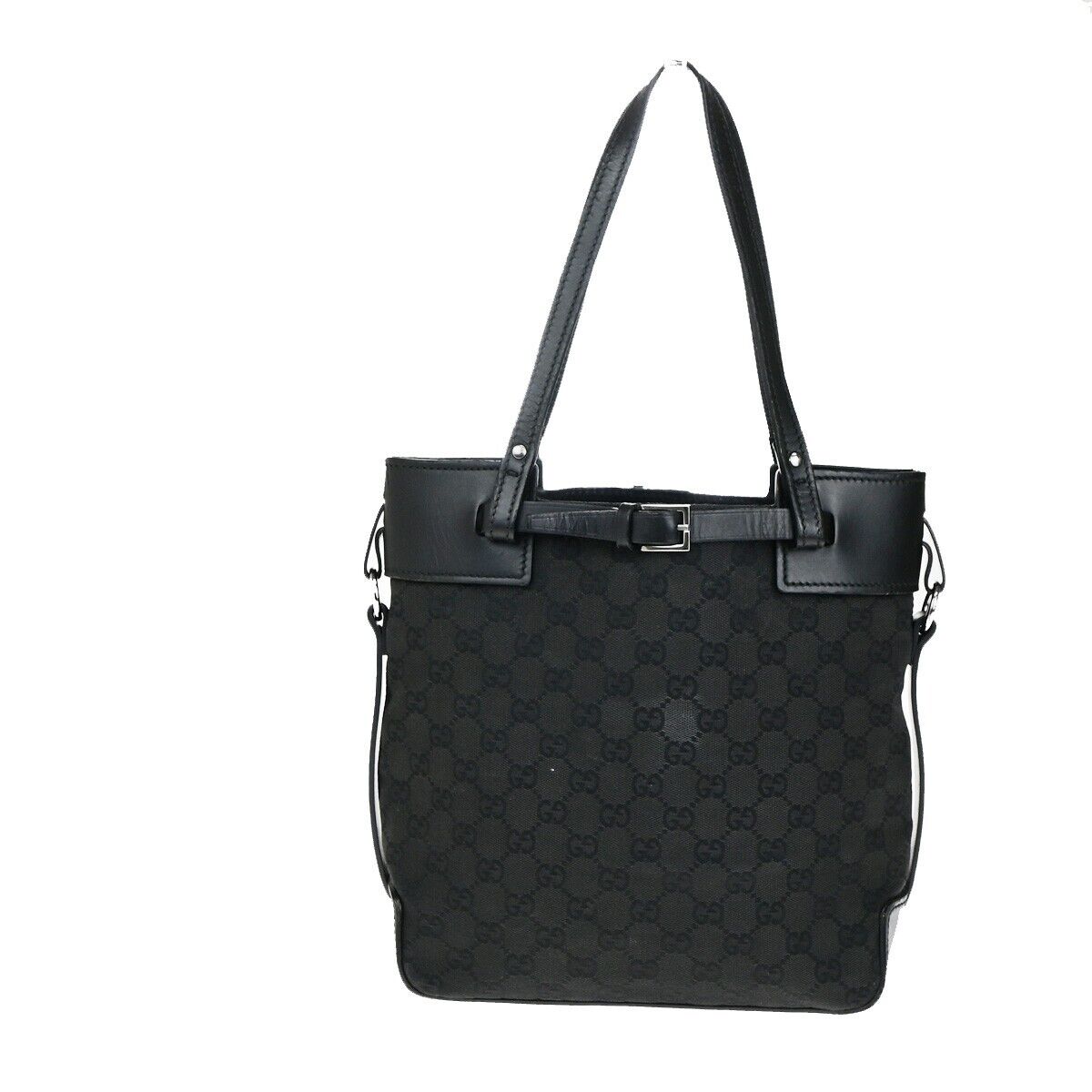 GUCCI Logo GG Pattern Shoulder Bag Canvas Leather Black Silver Italy 02EC919