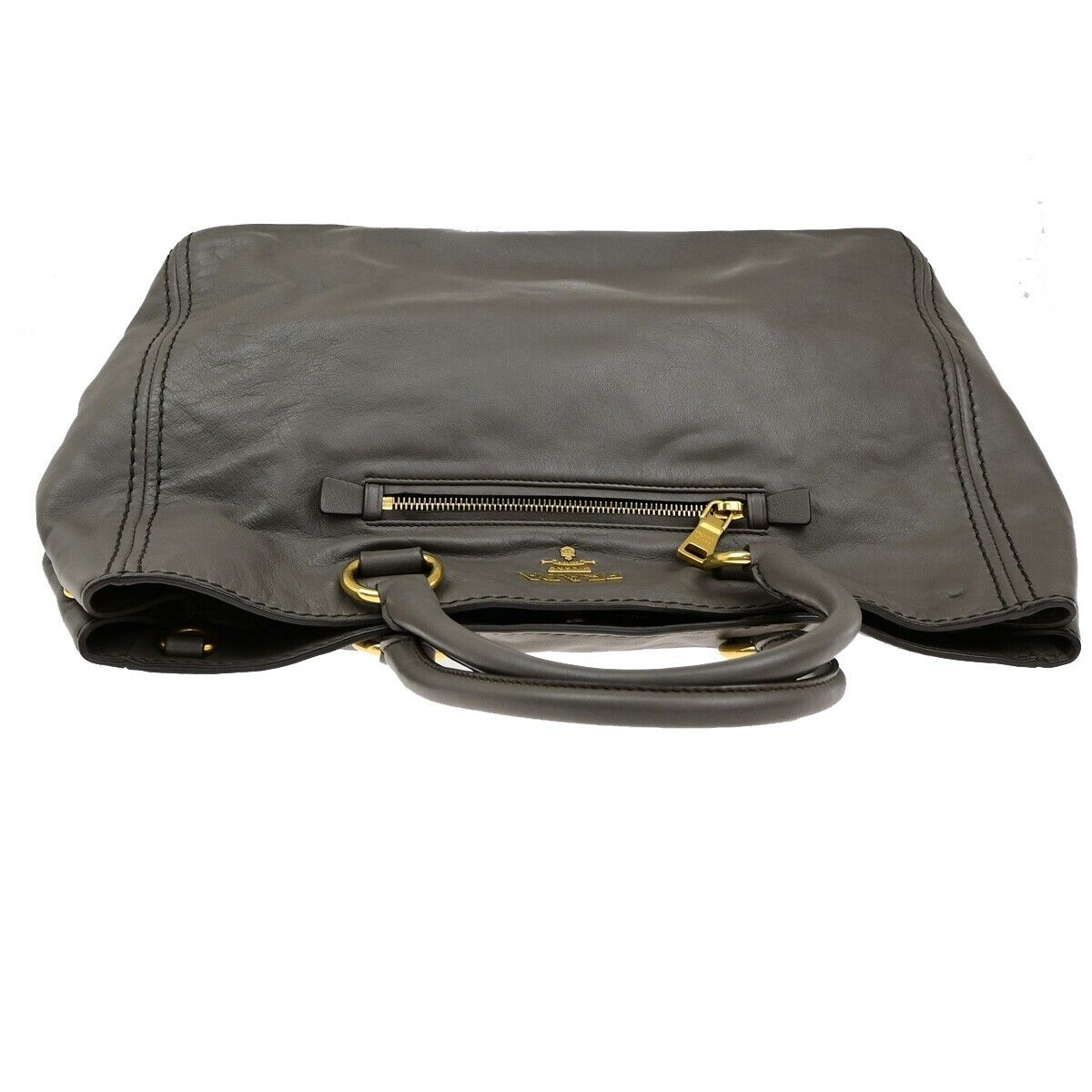 PRADA MILANO Logo Hand Tote Bag Leather Gray Gold-Plated 32FB528