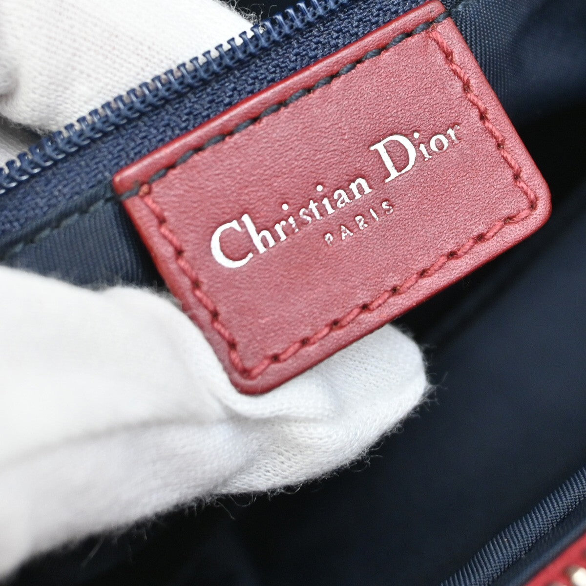 CHRISTIAN DIOR Trotter Pattern Hand Bag Canvas Leather Navy Blue Red 16EE257