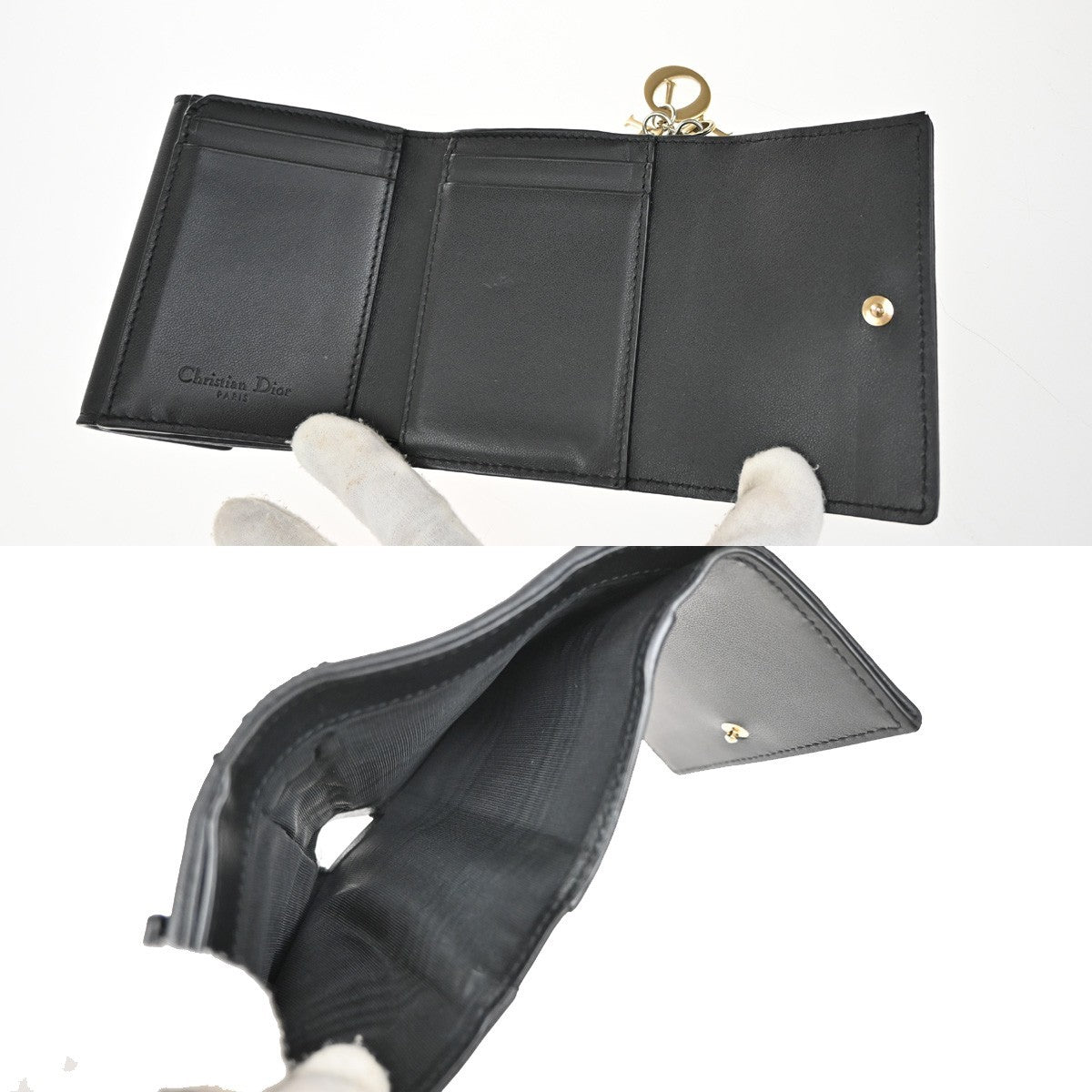 CHRISTIAN DIOR Cannage Charm Trifold Compact Wallet Leather Black GHW 65KB466