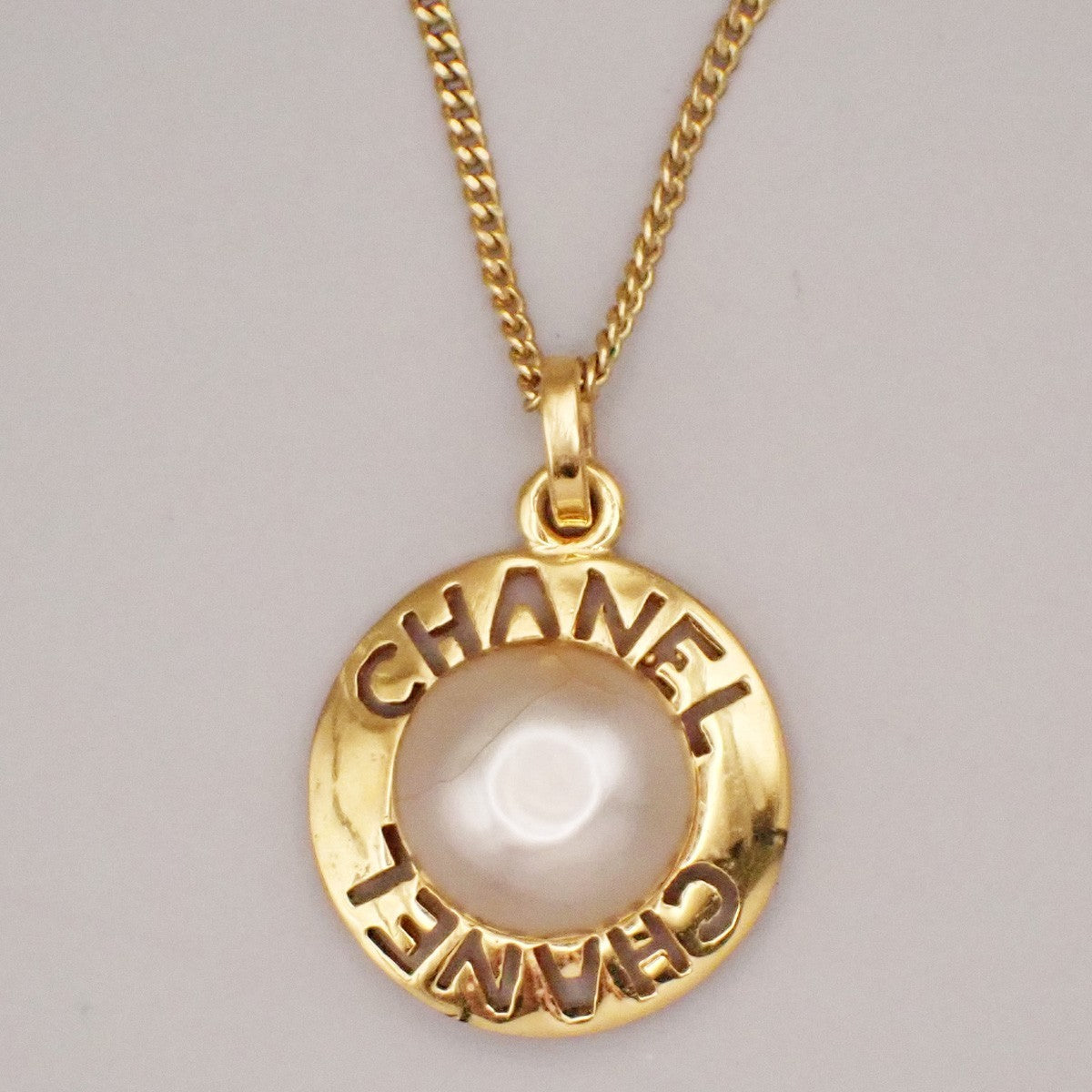 CHANEL CC Logo Imitation Pearl Chain Pendant Necklace Gold France 32RL269