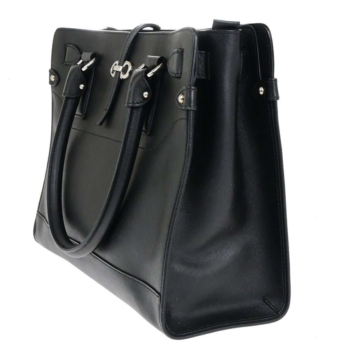 SALVATORE FERRAGAMO Gancini Hand Bag Leather Black Silver Made in Italy 61KA499