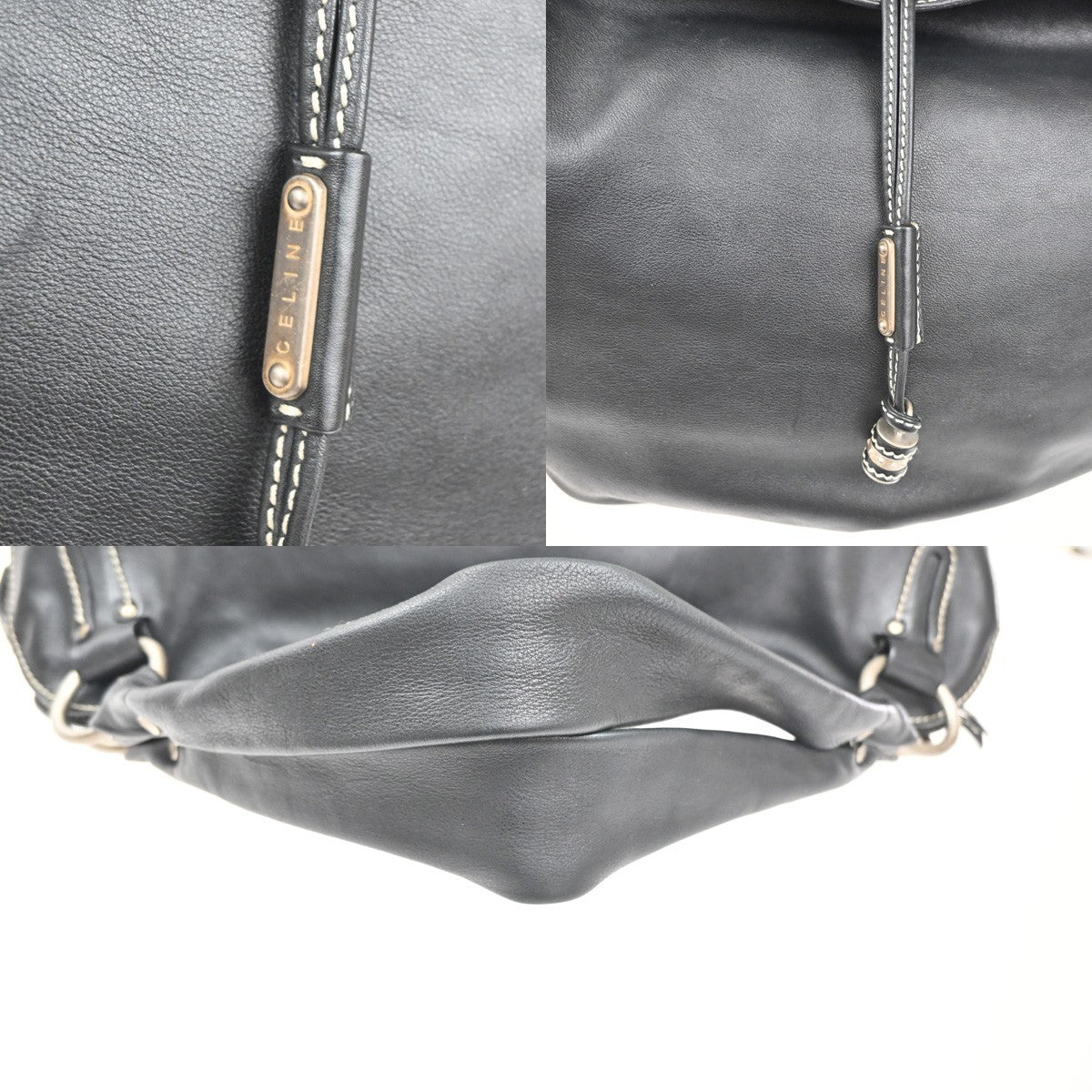 CELINE Logo Bittersweet Shoulder Hobo Hand Bag Leather Black SHW Italy 76MA411