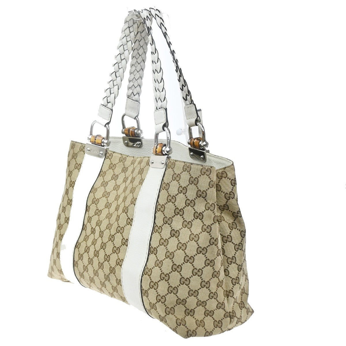 GUCCI Logo GG Pattern Hand Tote Bag Bamboo Canvas Leather Beige Italy 70CA985