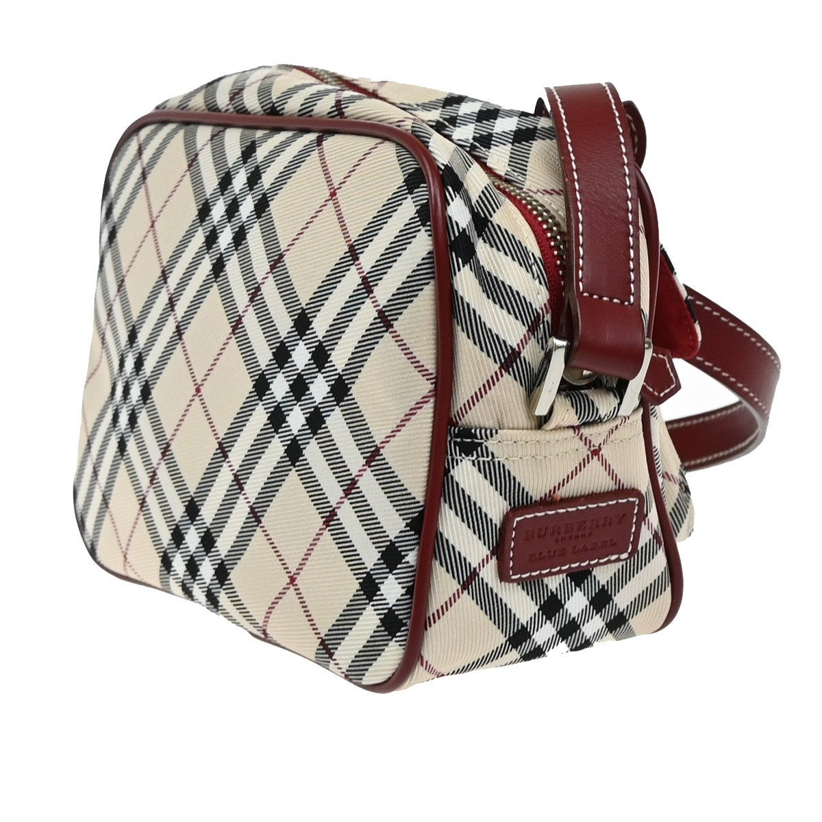 BURBERRY Logo Nova Check Shoulder Bag Canvas Leather Red Brown Japan 65EF694