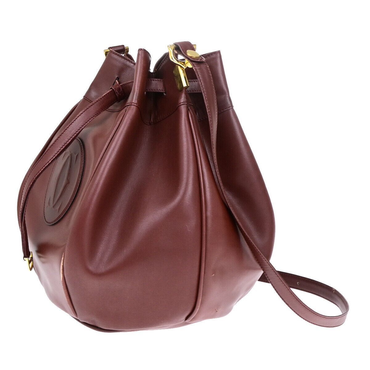 MUST DE CARTIER 2C Logo Drawstring Shoulder Bag Leather Bordeaux GHW 67YF121