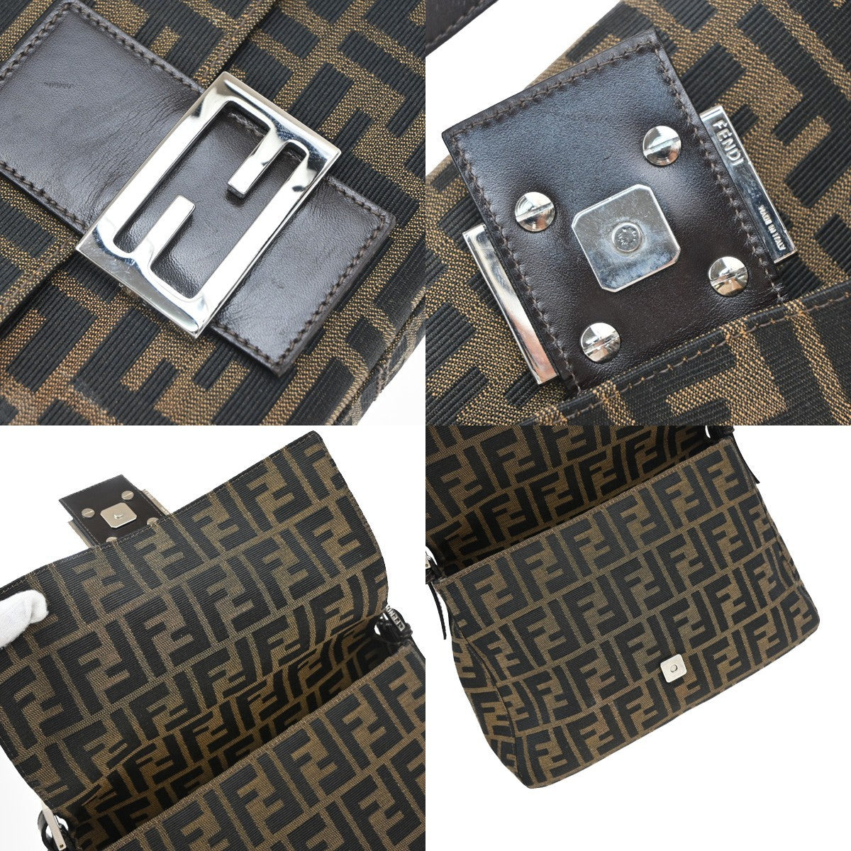 FENDI Logo Mamma Zucca Pattern Shoulder Bag Canvas Leather Brown Italy 46RF693