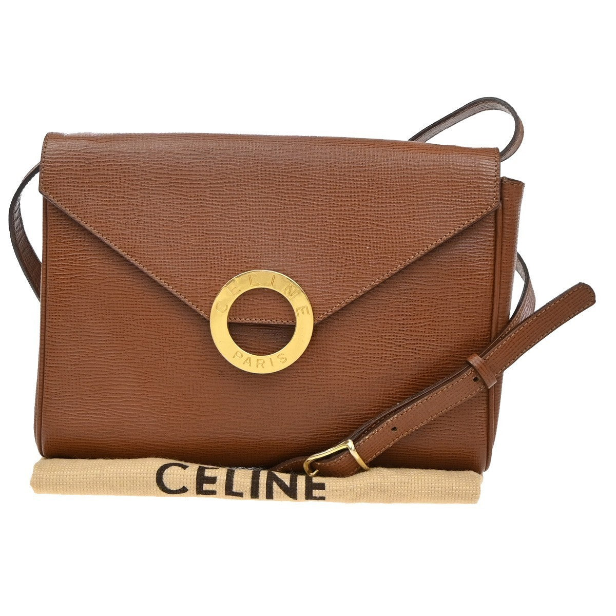 CELINE Logo Circle 2Way Shoulder Clutch Bag Leather Brown Gold Italy 83KP202