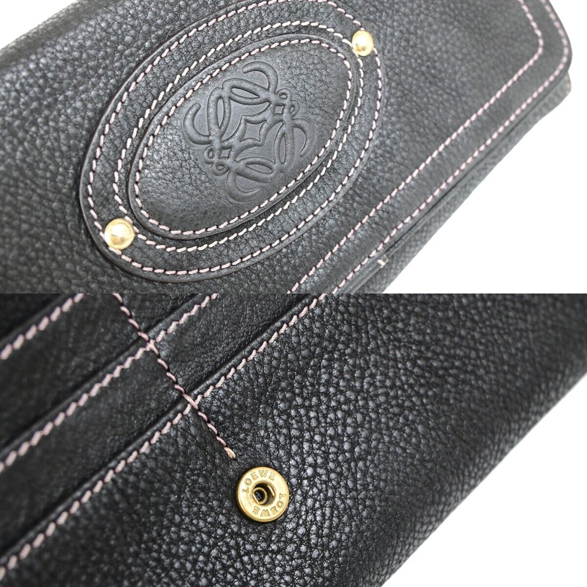 LOEWE Logo Anagram Stitch Bifold Long Wallet Purse Leather Black GHW 67SJ481