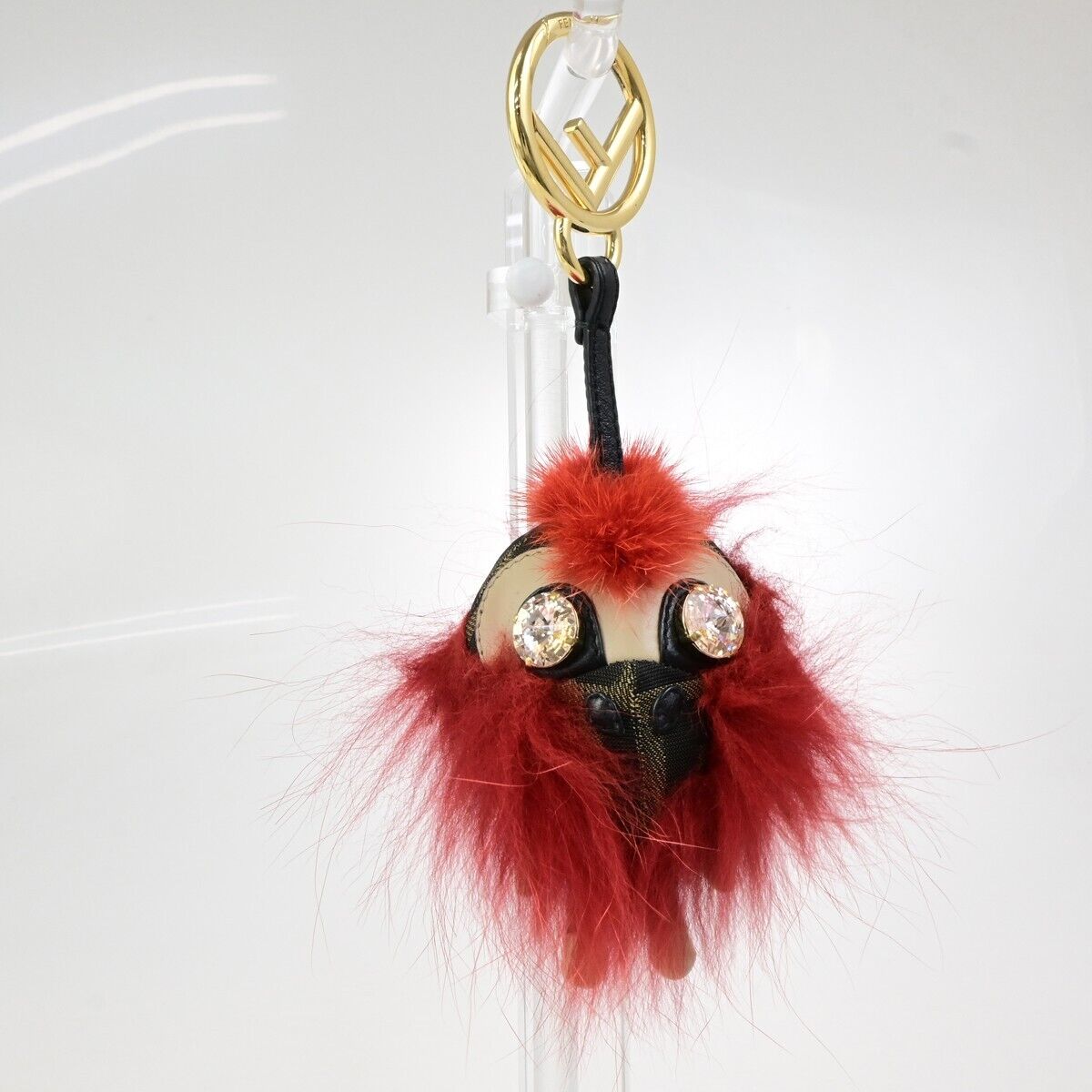 FENDI Logo Zucca Pattern Monster Bag Charm Key Ring Metal Fur Canvas Red 69KA428