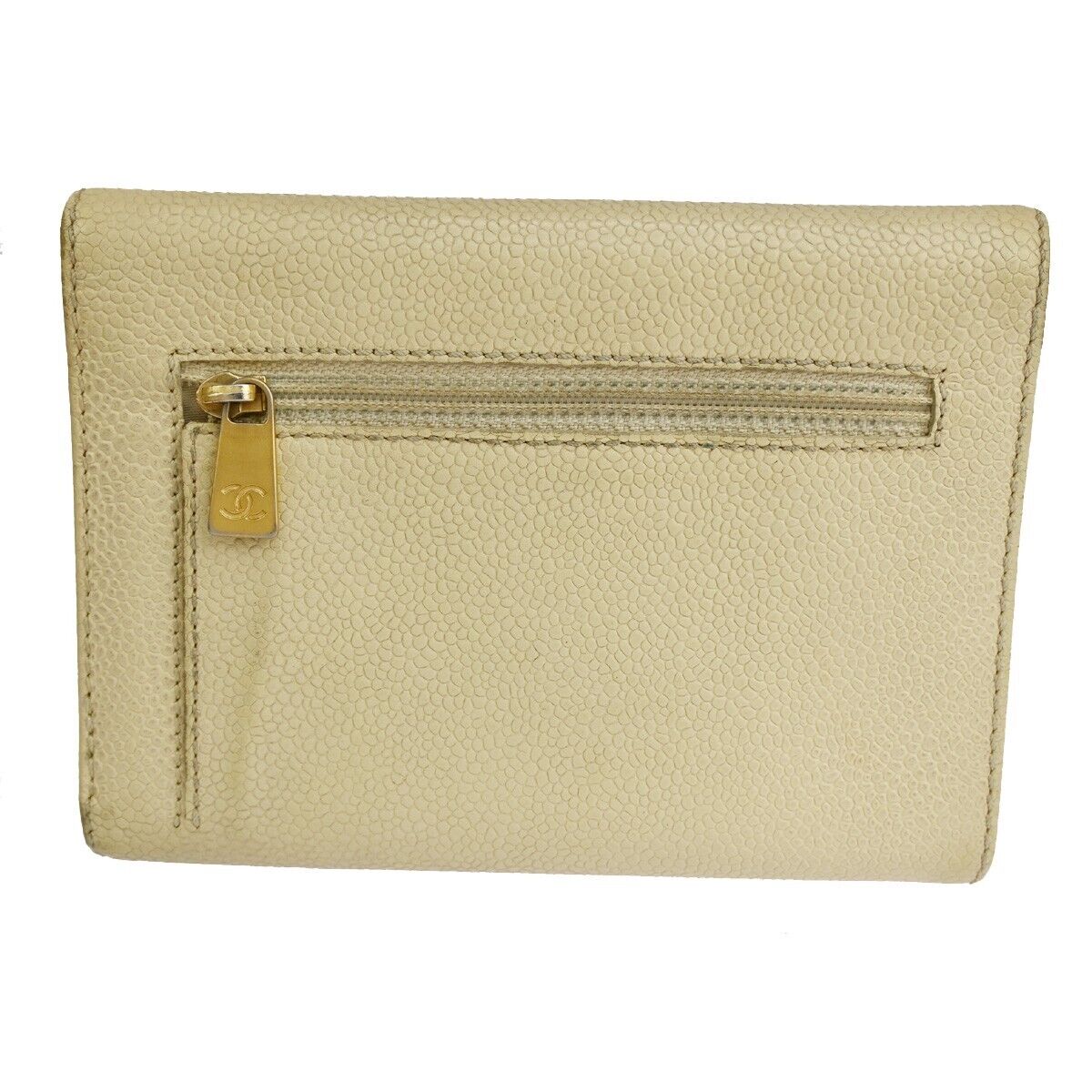 CHANEL CC Logo Trifold Wallet Purse Caviar Skin Leather Ivory Italy 62RJ490