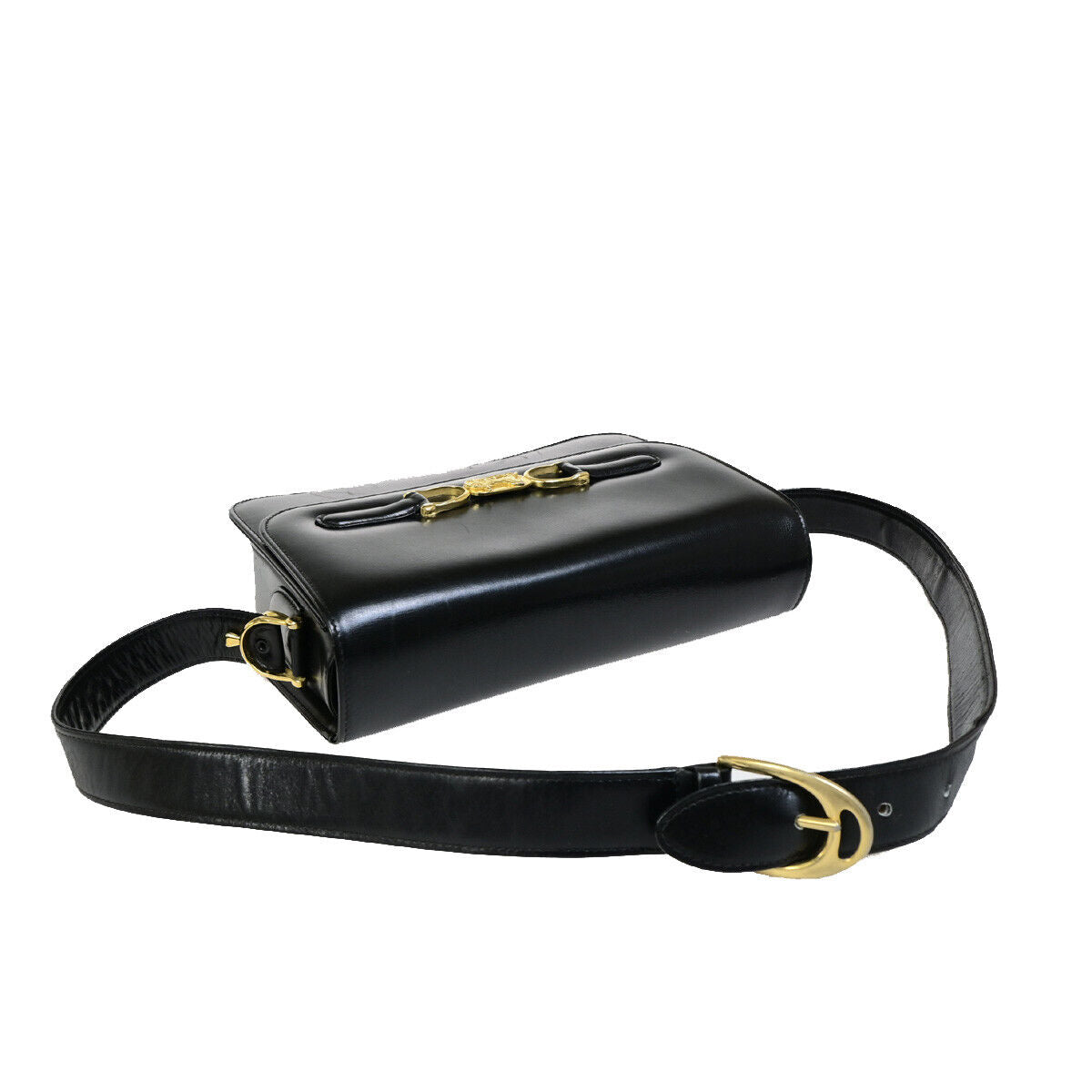 CELINE Logo Horse Carriage Shoulder Bag Leather Black GHW Italy 63YG344