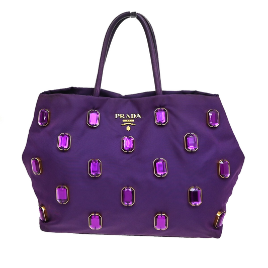 PRADA MILANO Logo Tessuto Pietre Hand Tote Bag Leather Nylon Purple 64FB837