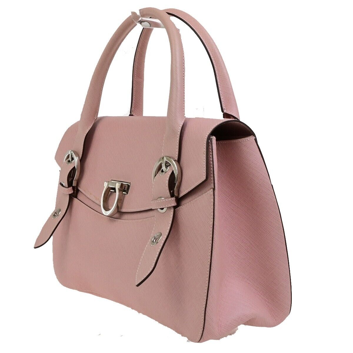 SALVATORE FERRAGAMO Gancini Hand Bag Leather Pink Silver Made in Italy 62KA535