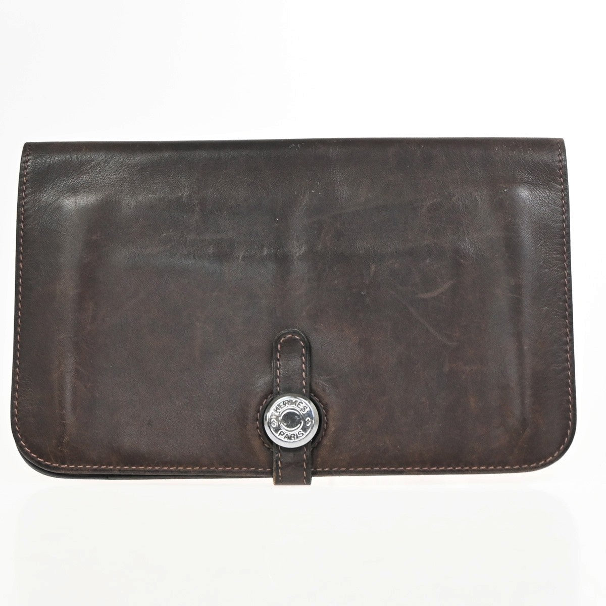 HERMES Logo Dogon GM Long Bifold Wallet Purse Box Calf Leather Brown SHW 39YH879