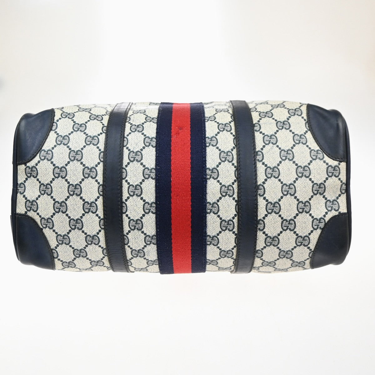 GUCCI Logo GG Pattern Sherry Boston Hand Bag PVC Leather Navy Blue Italy 68MA649