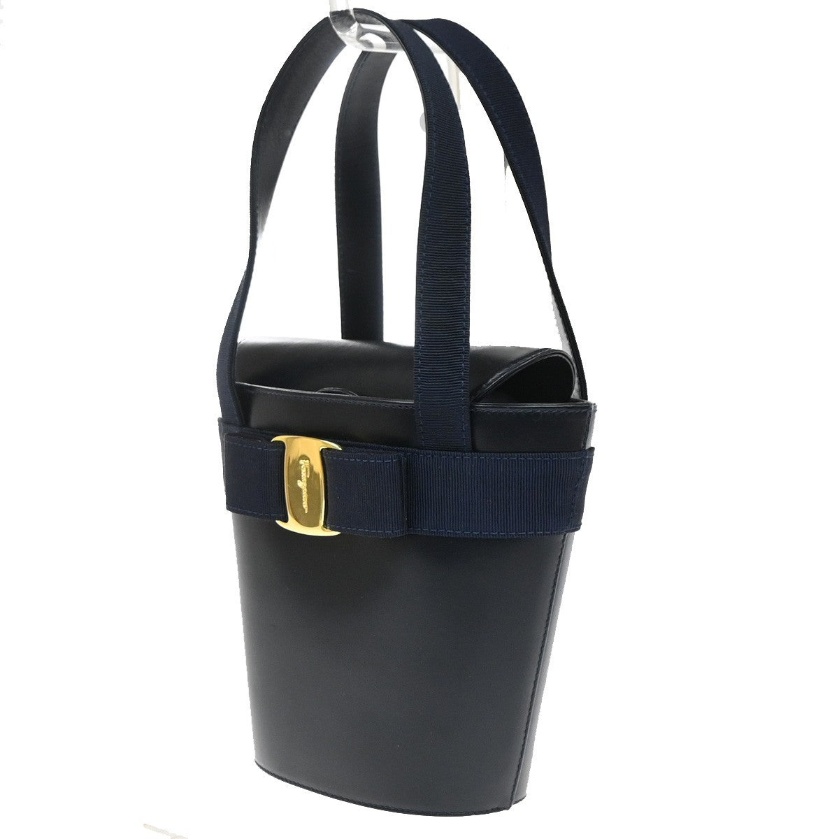 SALVATORE FERRAGAMO Logo Vara Hand Bag Leather Canvas Navy Blue GHW 64CA767