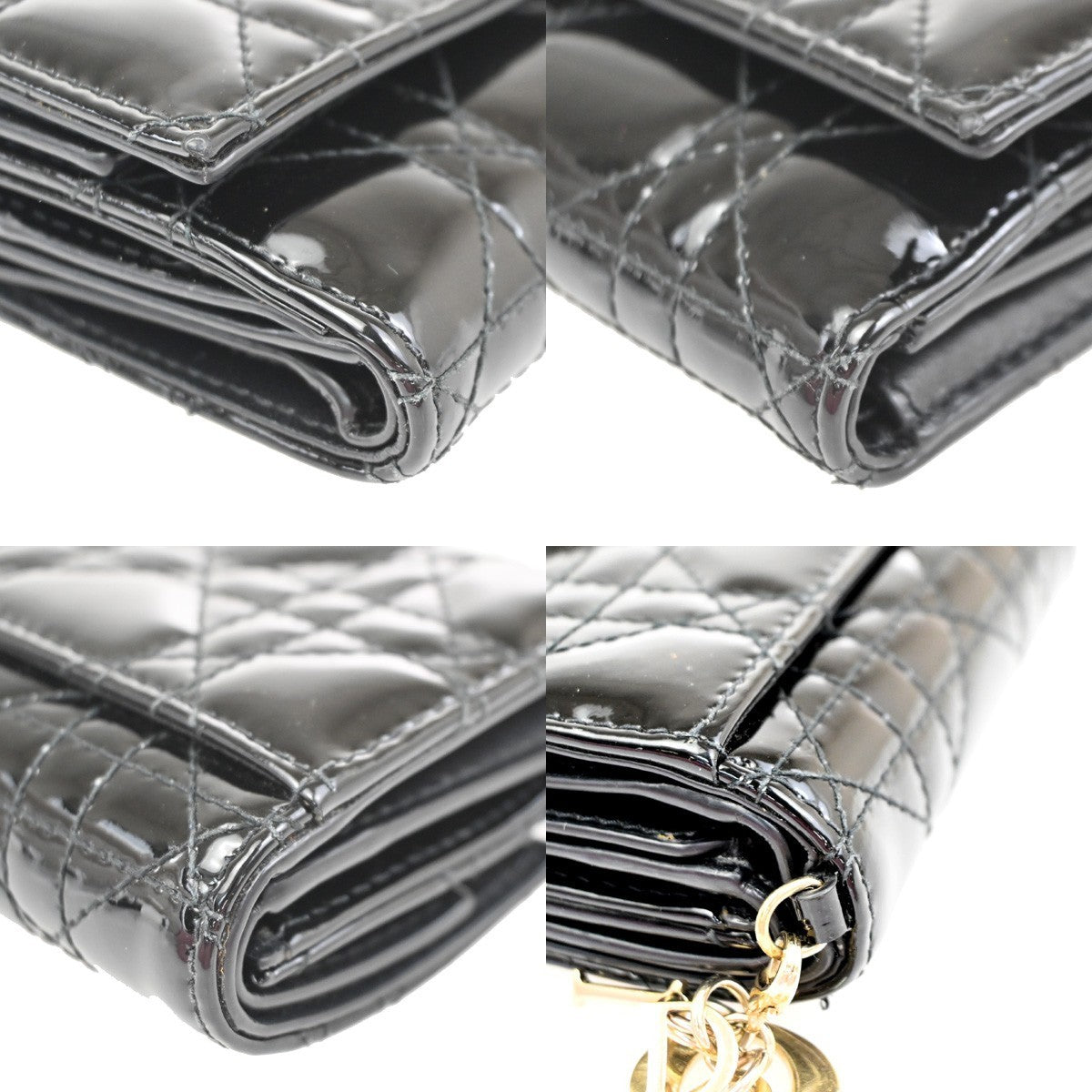 CHRISTIAN DIOR Logo Cannage Trifold Compact Wallet Patent Leather Black 34KC613