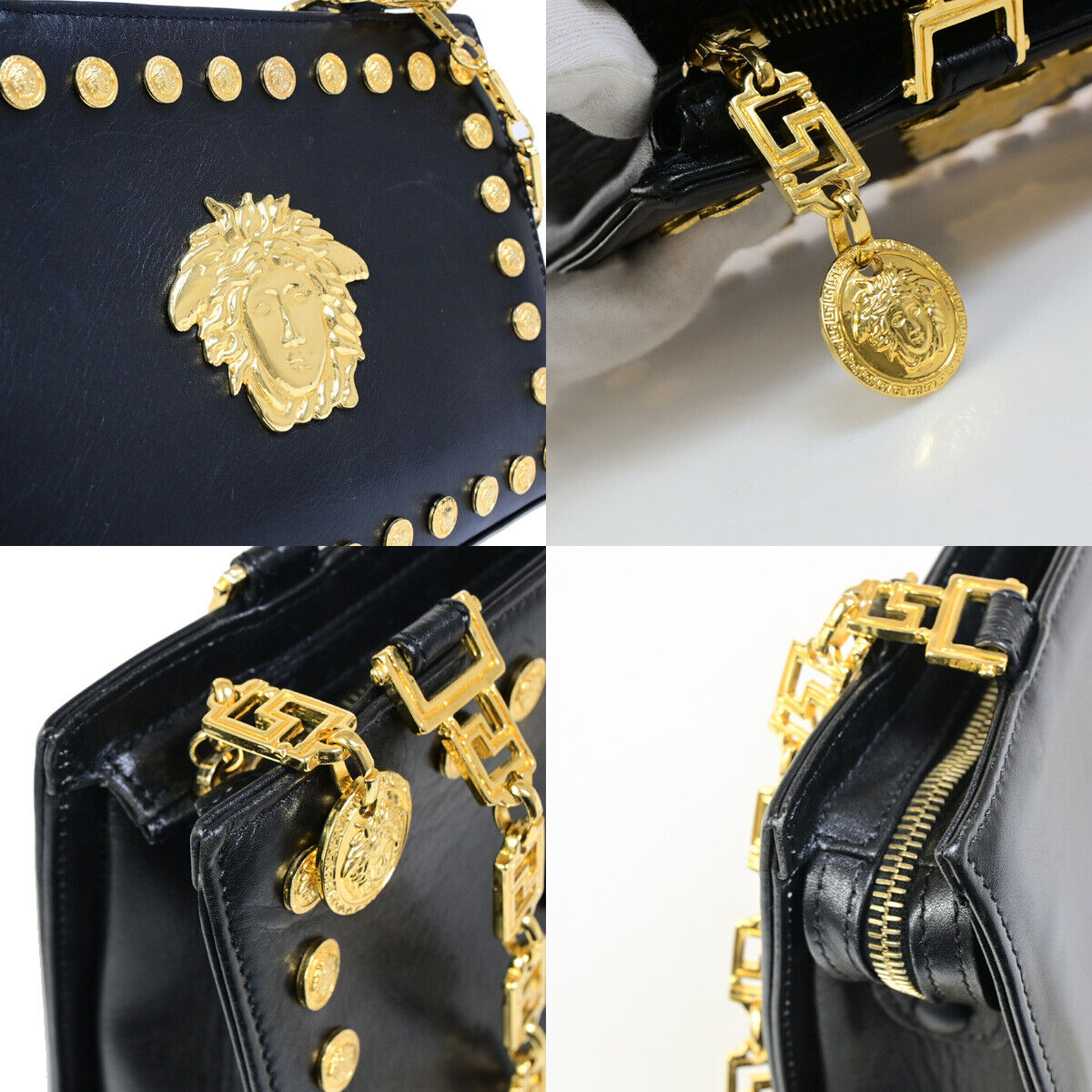 GIANNI VERSACE Logo Medusa Chain Shoulder Bag Leather Black GHW 72YG342