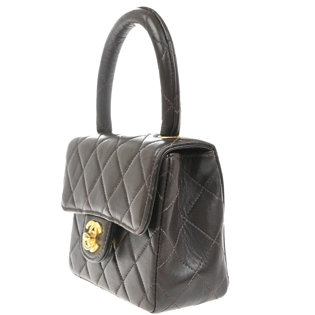 CHANEL CC Logo Mini Top Handle Matelasse Hand Bag Leather Brown France 865RL909