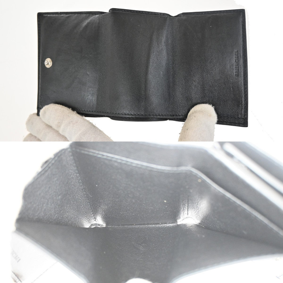 BALENCIAGA Logo Mini Trifold Wallet Purse Leather Black SHW Italy 60TA315