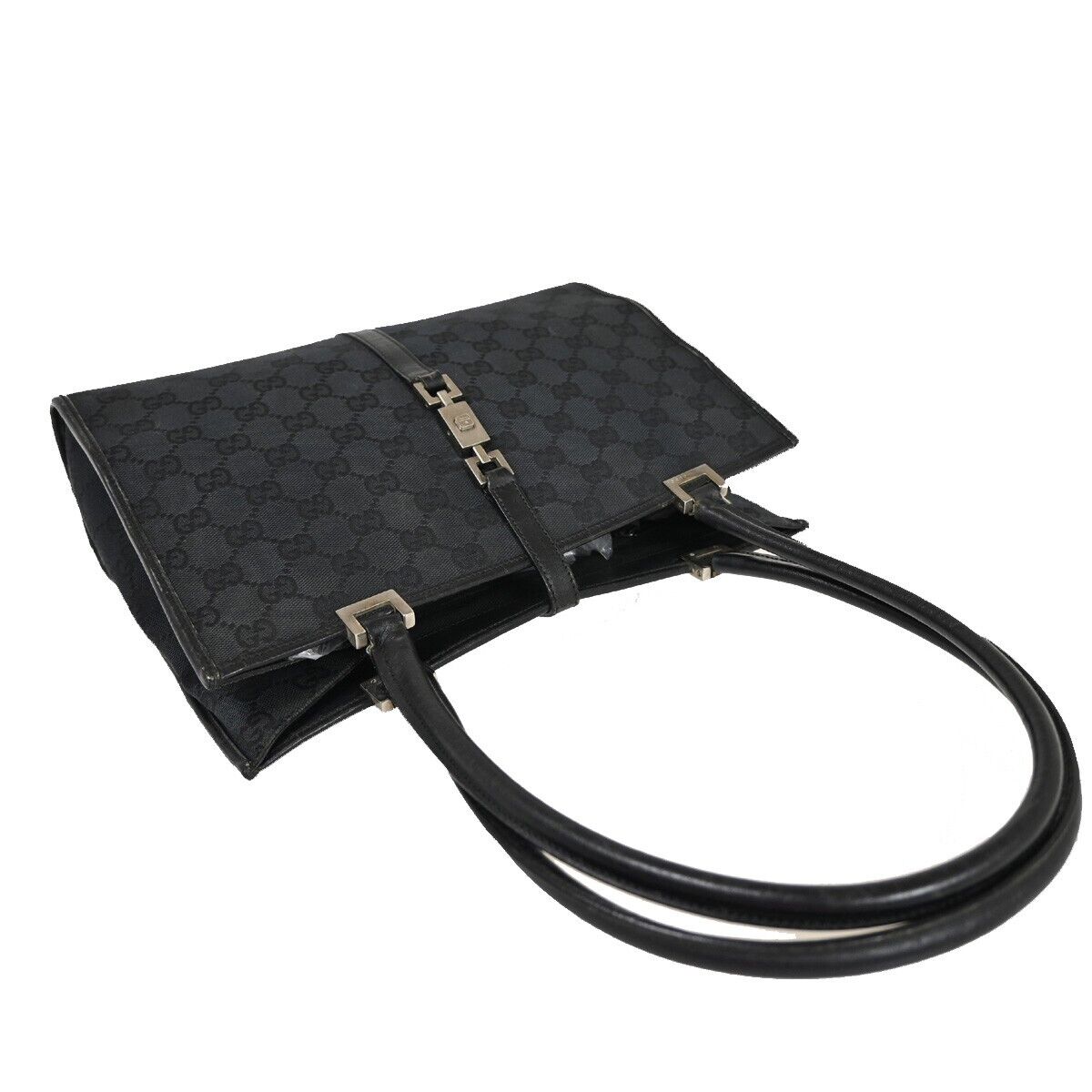 GUCCI GG Pattern Jackie Shoulder Tote Bag Canvas Leather Black Silver 60FA442