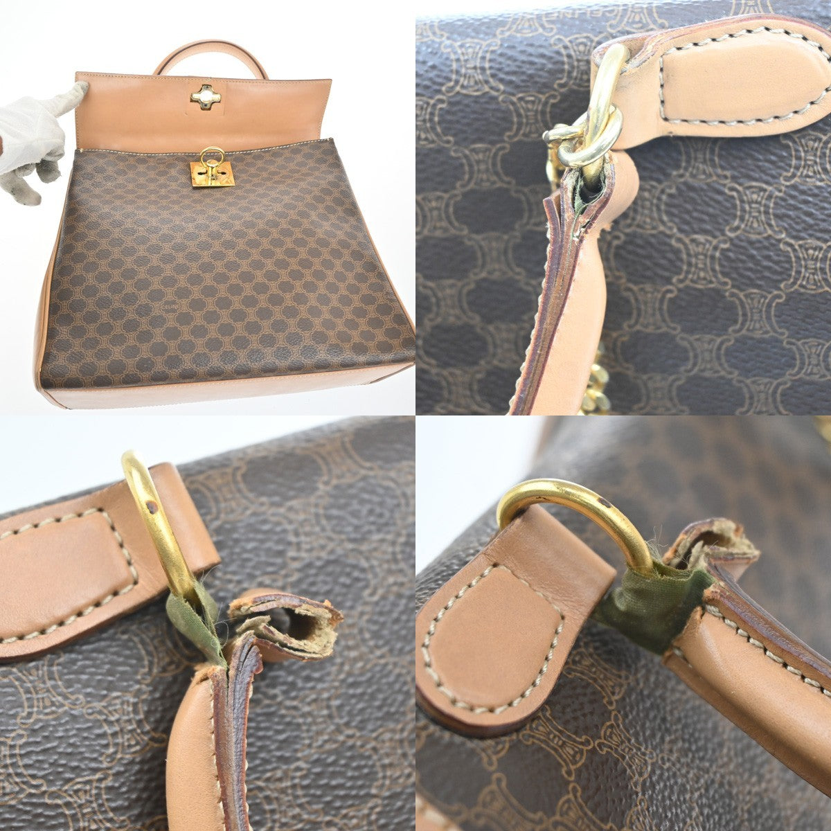 CELINE Logo Macadam Pattern Flap Hand Bag PVC Leather Brown GHW Italy 38MA206