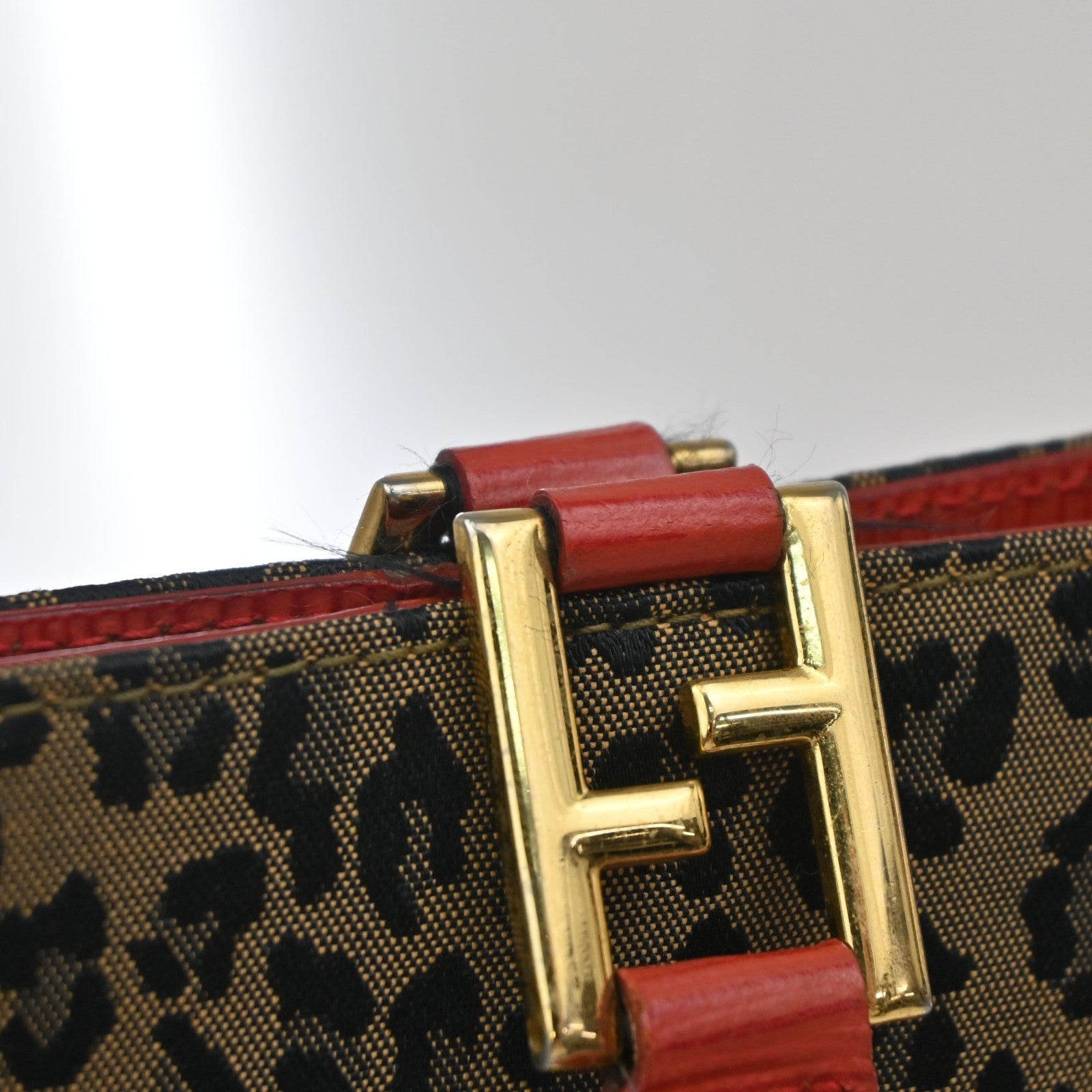 FENDI Logo Leopard Pattern Hand Bag Canvas Leather Brown Red Italy 38KD067