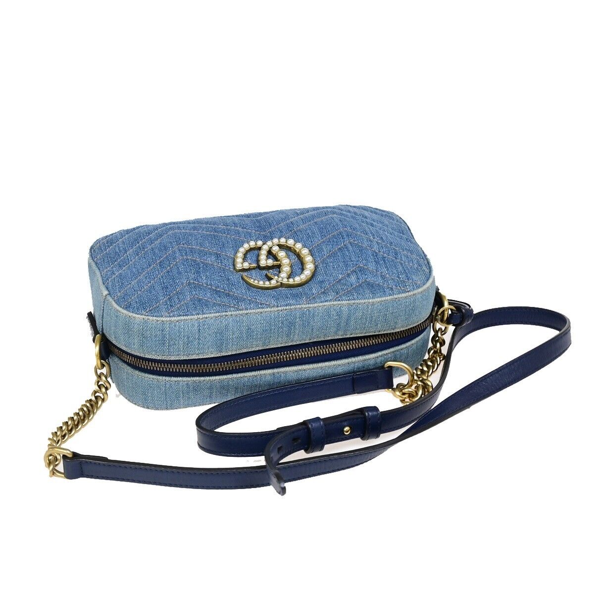 GUCCI GG Marmont Chain Shoulder Bag Imitation Pearl Leather Denim Blue 675RJ902