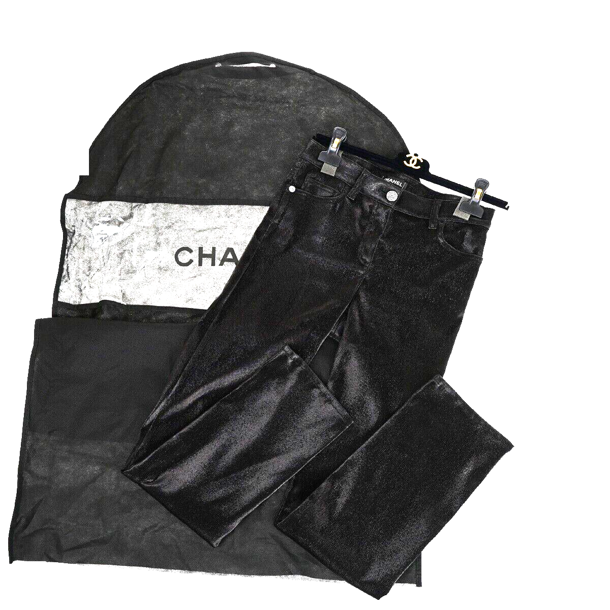 CHANEL CC Logo Trousers pants Stretch Size 36 Cotton Blend Black Italy 33KB117