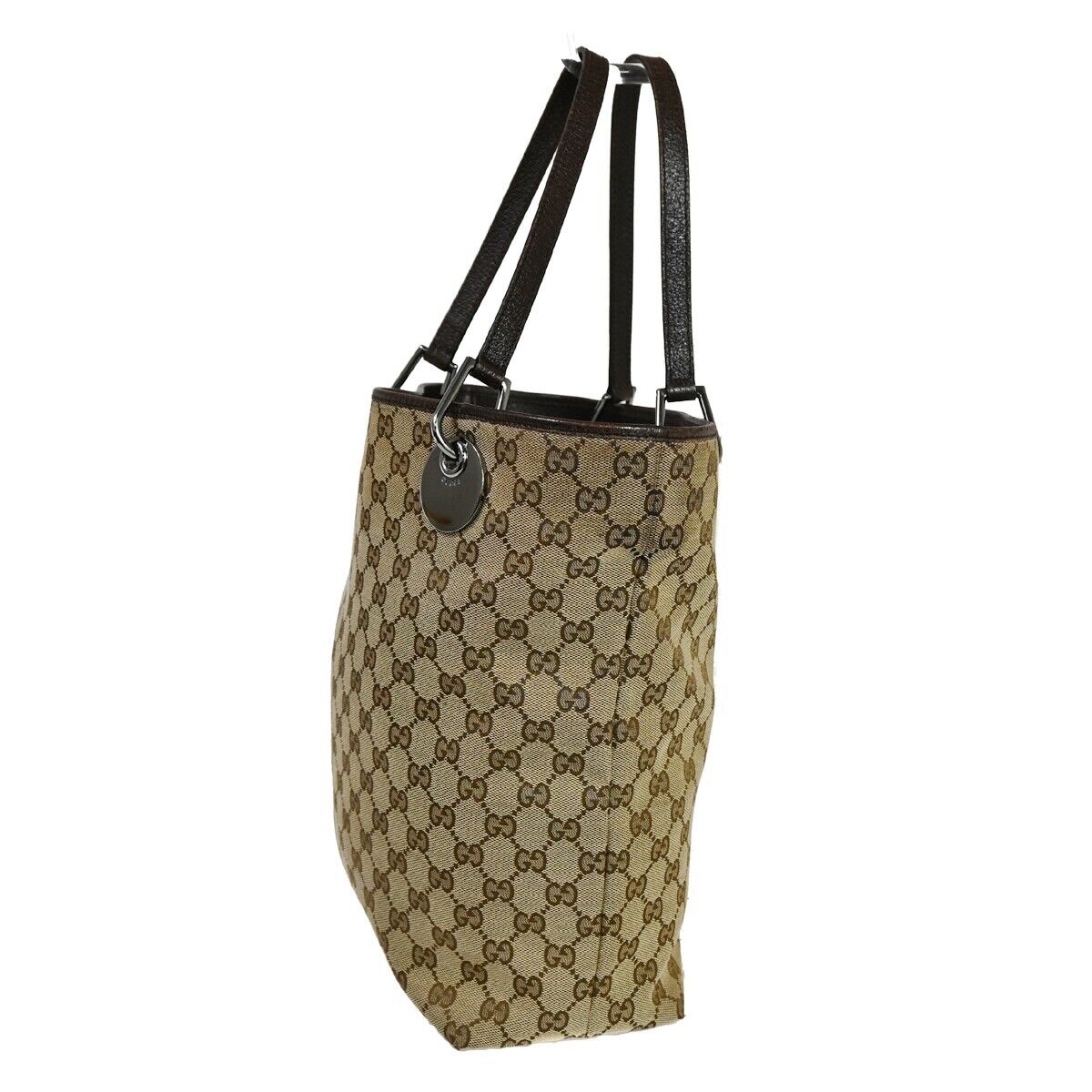 GUCCI Logo GG Pattern Shoulder Bag Canvas Leather Brown Silver Italy 61ED285