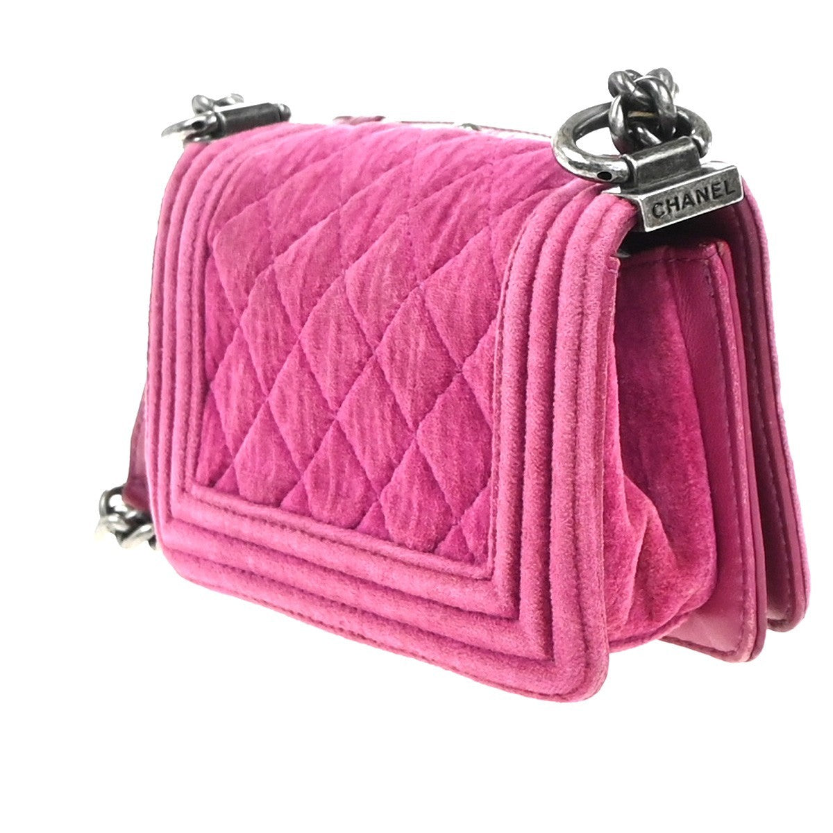 CHANEL CC Boy Matelasse Chain Mini Shoulder Bag Velvet Leather Pink SHW 652RP053