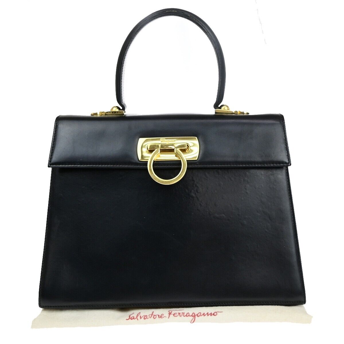 SALVATORE FERRAGAMO Logo Gancini Hand Bag Leather Black GHW Italy 36EC236