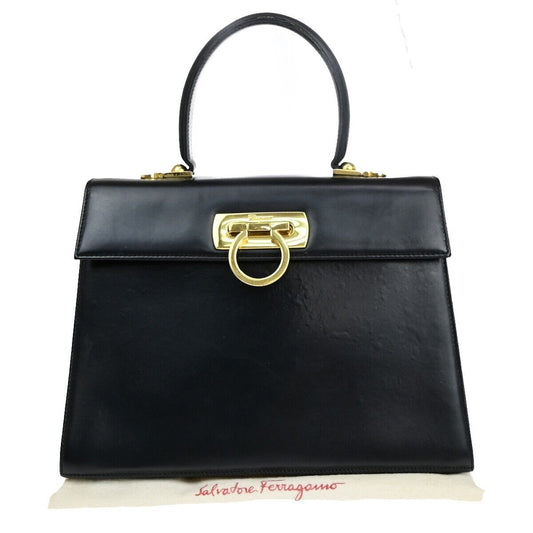 SALVATORE FERRAGAMO Logo Gancini Hand Bag Leather Black GHW Italy 36EC236