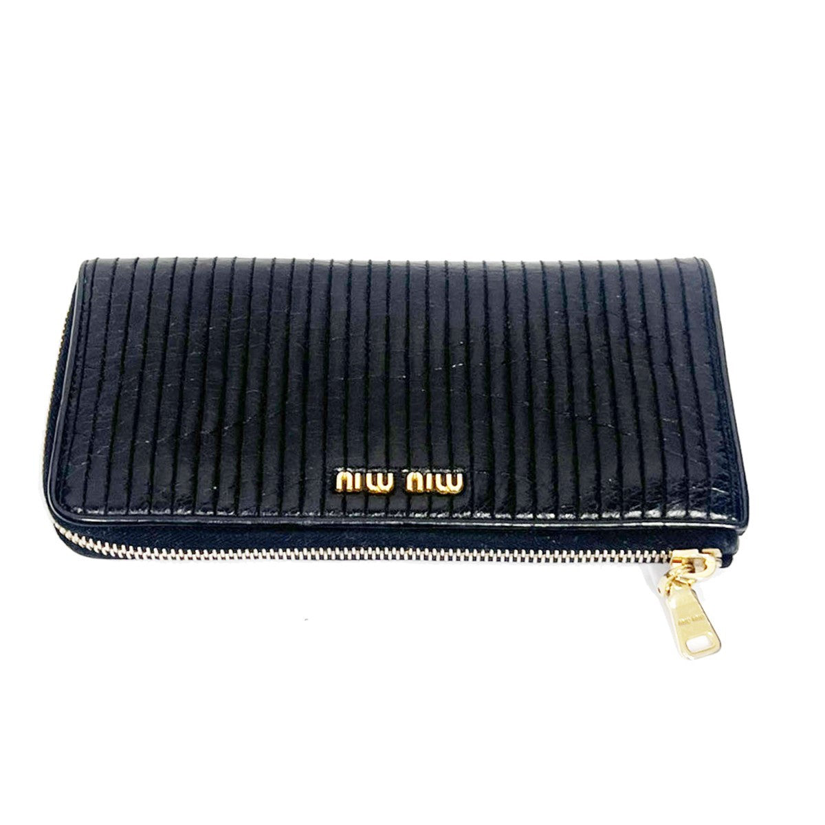MIU MIU Logo Long Wallet Imitation Pearl Rhinestone Leather Black 60EG137