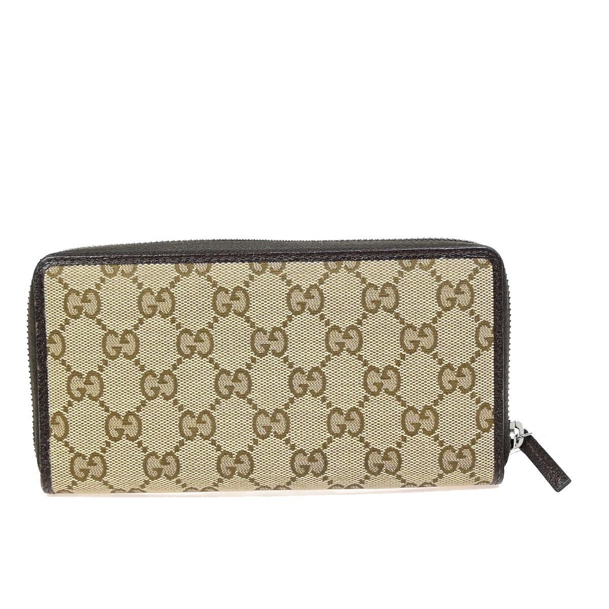 GUCCI Logo GG Pattern Long Bifold Zipper Wallet Canvas Leather Brown 39EB038