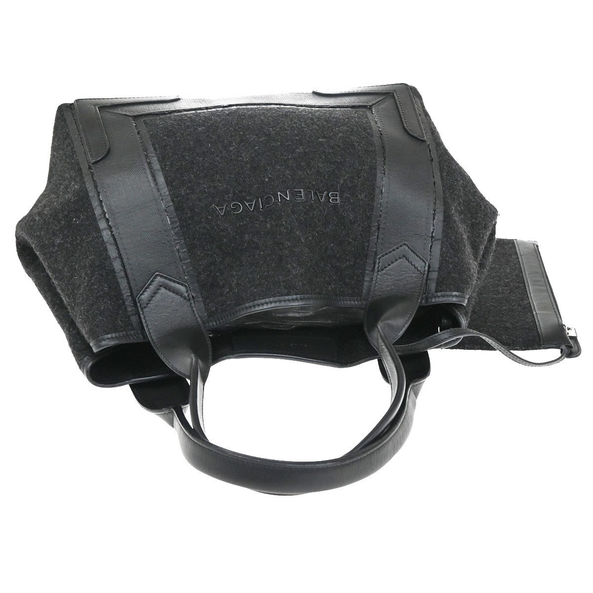 BALENCIAGA Logo Navy Cabas S Hand Bag Wool Felt Fabric Leather Black 30YH822