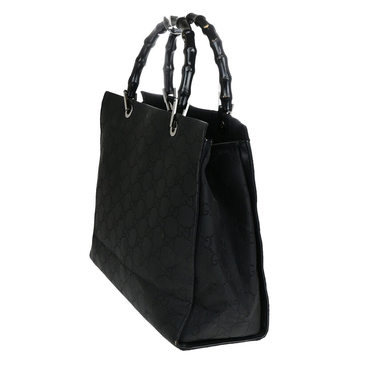 GUCCI Logo Bamboo GG Pattern Hand Bag Nylon Leather Black SHW Italy 04YF648