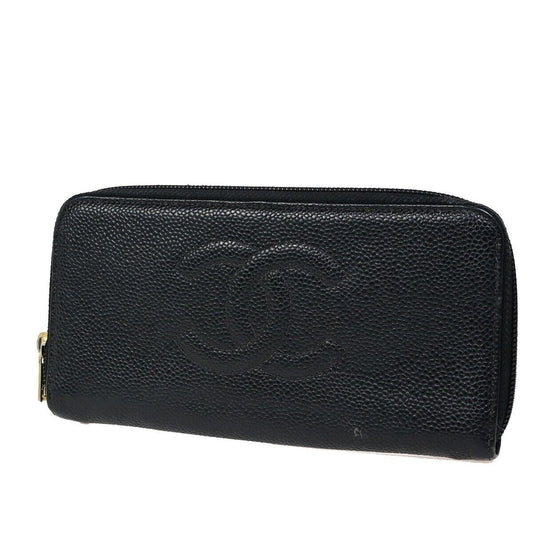 CHANEL CC Long Zip Around  Wallet Purse Caviar Skin Leather Black GHW 04FA616