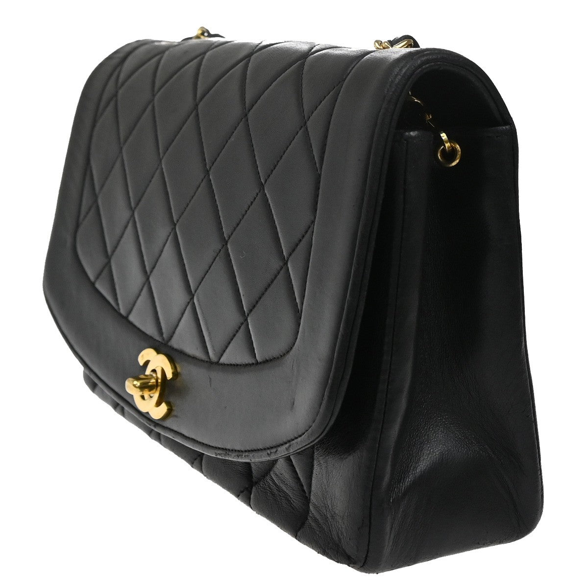 CHANEL CC Logo Diana Matelasse 25 Chain Shoulder Bag Leather Black GHW 373RL388