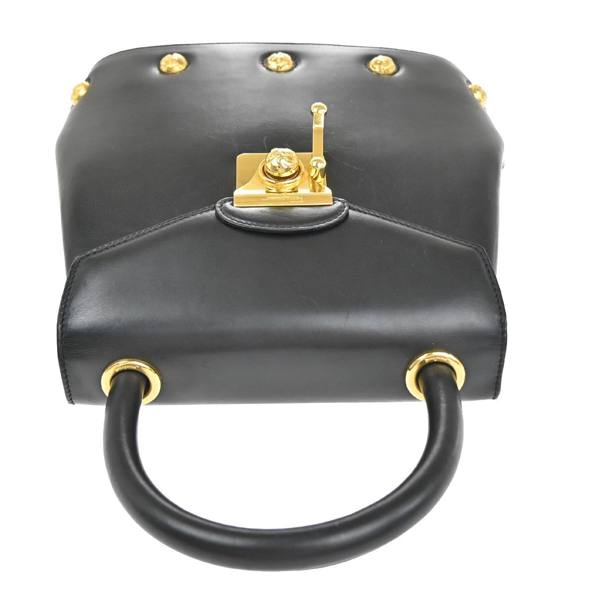SALVATORE FERRAGAMO Logo Studded Top Handle Bag Leather Black Italy 36RL722
